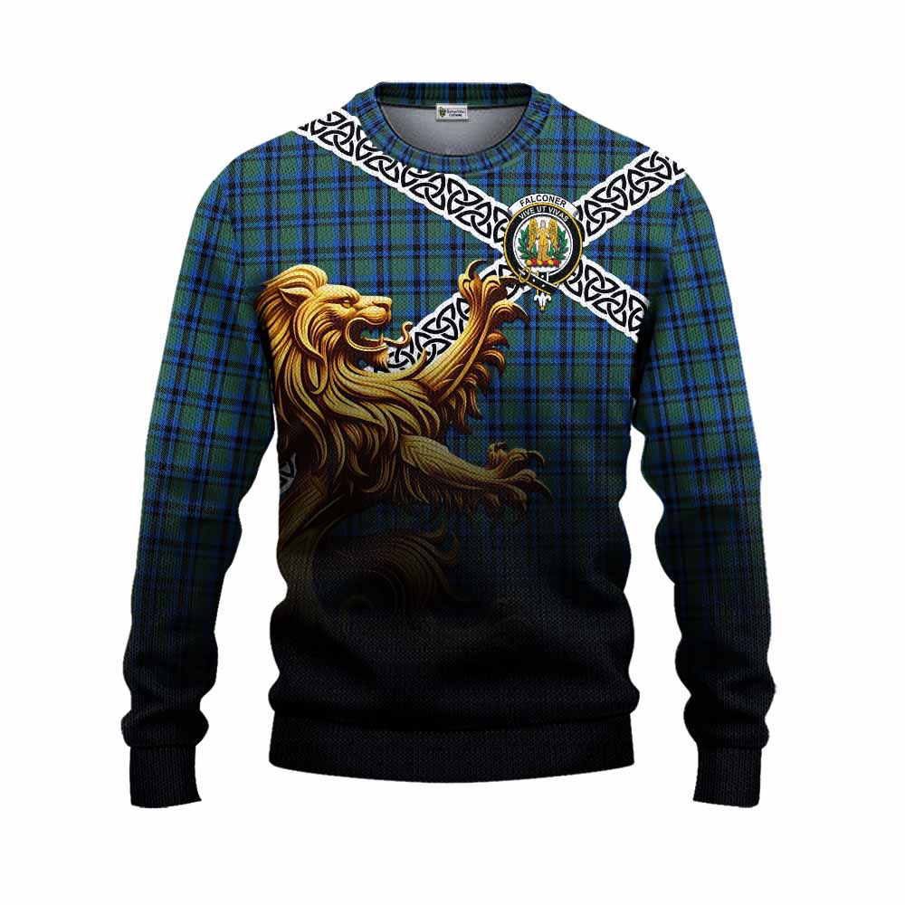 Falconer Crest Tartan Knitted Sweater with Golden Lion Emblem Celtic Style Unisex - Tartan Vibes Clothing
