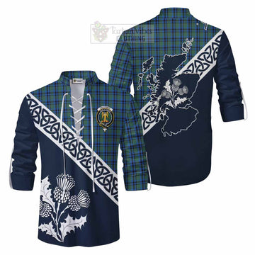 Falconer Tartan Ghillie Kilt Shirt Featuring Thistle and Scotland Map Men - Tartan Vibes Clothing