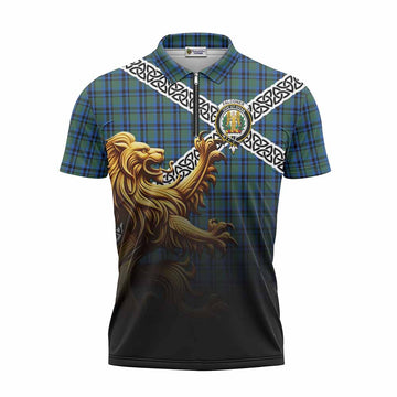 Falconer Crest Tartan Zipper Polo Shirt with Golden Lion Emblem Celtic Style Unisex - Tartan Vibes Clothing