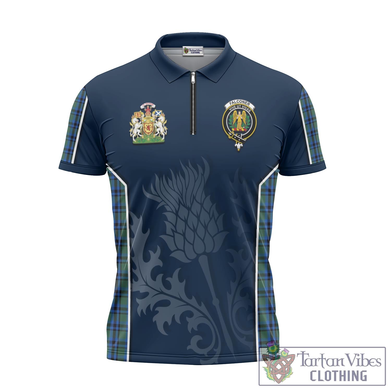 Tartan Vibes Clothing Falconer Tartan Zipper Polo Shirt with Family Crest and Scottish Thistle Vibes Sport Style