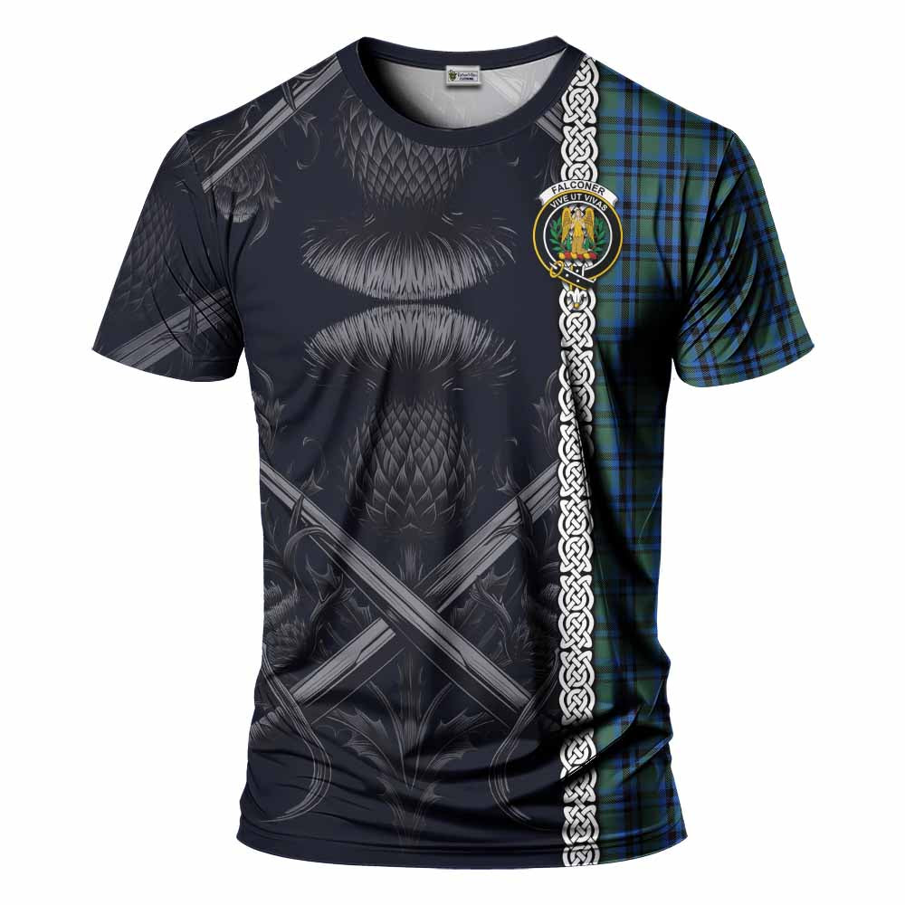 Falconer Tartan T-Shirt with Family Crest Cross Sword Thistle Celtic Vibes Kid's Shirt - Tartan Vibes Clothing
