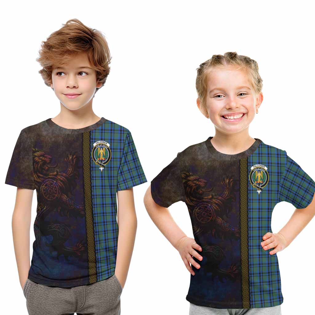 Tartan Vibes Clothing Falconer Tartan Family Crest Kid T-Shirt Alba Gu Brath Be Brave Lion Ancient Style