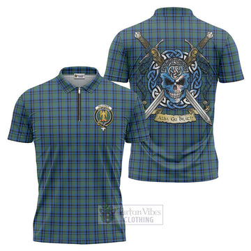 Falconer Tartan Zipper Polo Shirt with Family Crest Celtic Skull Style Unisex - Tartan Vibes Clothing