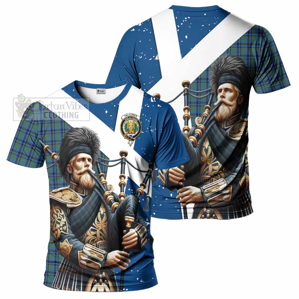 Tartan Vibes Clothing Falconer Tartan T-Shirt with Family Crest Scottish Bagpiper Vibes