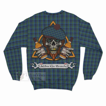 Falconer Tartan Sweatshirt with Family Crest and Bearded Skull Holding Bottles of Whiskey - Tartan Vibes Clothing