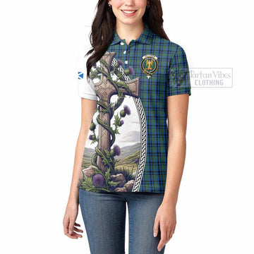 Falconer Tartan Women's Polo Shirt with Family Crest and St. Andrew's Cross Accented by Thistle Vines - Tartan Vibes Clothing