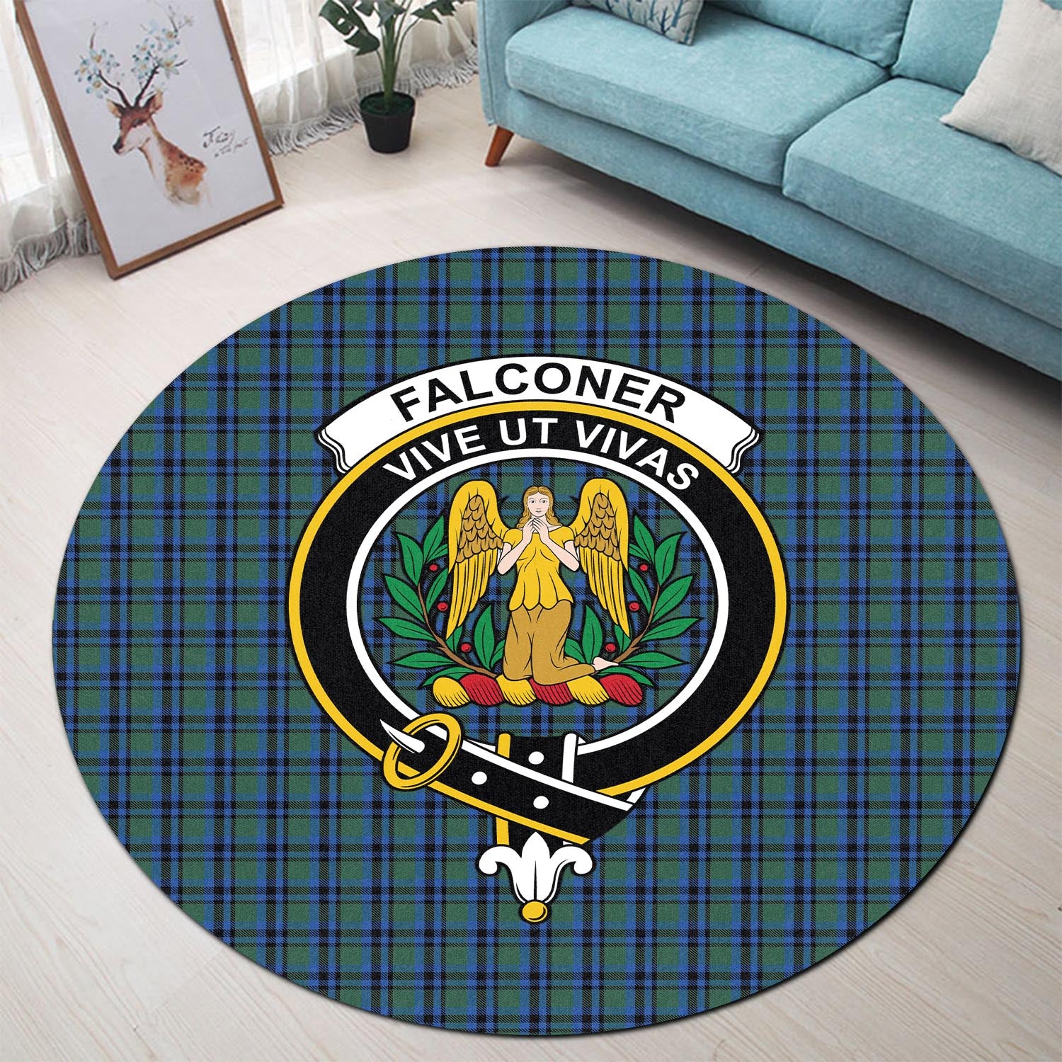 Falconer Tartan Round Rug with Family Crest - Tartan Vibes Clothing