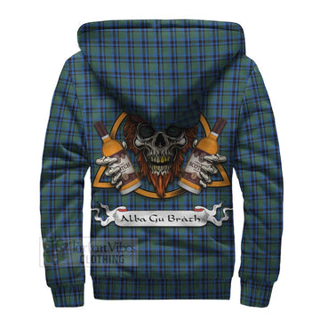 Falconer Tartan Sherpa Hoodie with Family Crest and Bearded Skull Holding Bottles of Whiskey - Tartan Vibes Clothing