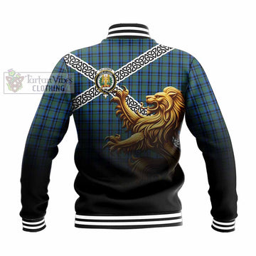 Tartan Vibes Clothing Falconer Crest Tartan Baseball Jacket with Golden Lion Emblem Celtic Style