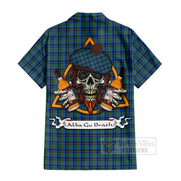 Falconer Tartan Hawaiian Shirt with Family Crest and Bearded Skull Holding Bottles of Whiskey - Tartan Vibes Clothing