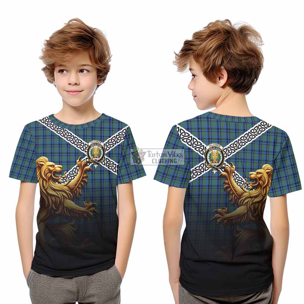 Falconer Crest Tartan Kid T-Shirt with Golden Lion Emblem Celtic Style - Tartan Vibes Clothing