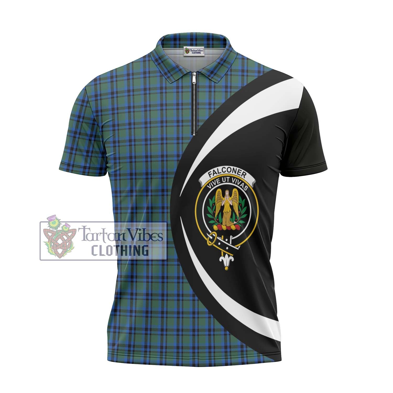 Falconer Tartan Zipper Polo Shirt with Family Crest Circle Style - Tartan Vibes Clothing