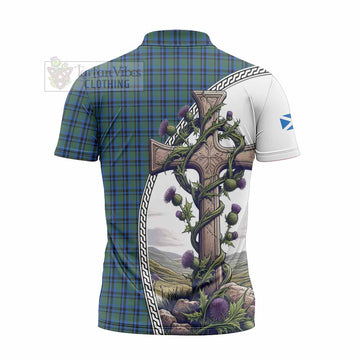 Falconer Tartan Zipper Polo Shirt with Family Crest and St. Andrew's Cross Accented by Thistle Vines - Tartan Vibes Clothing