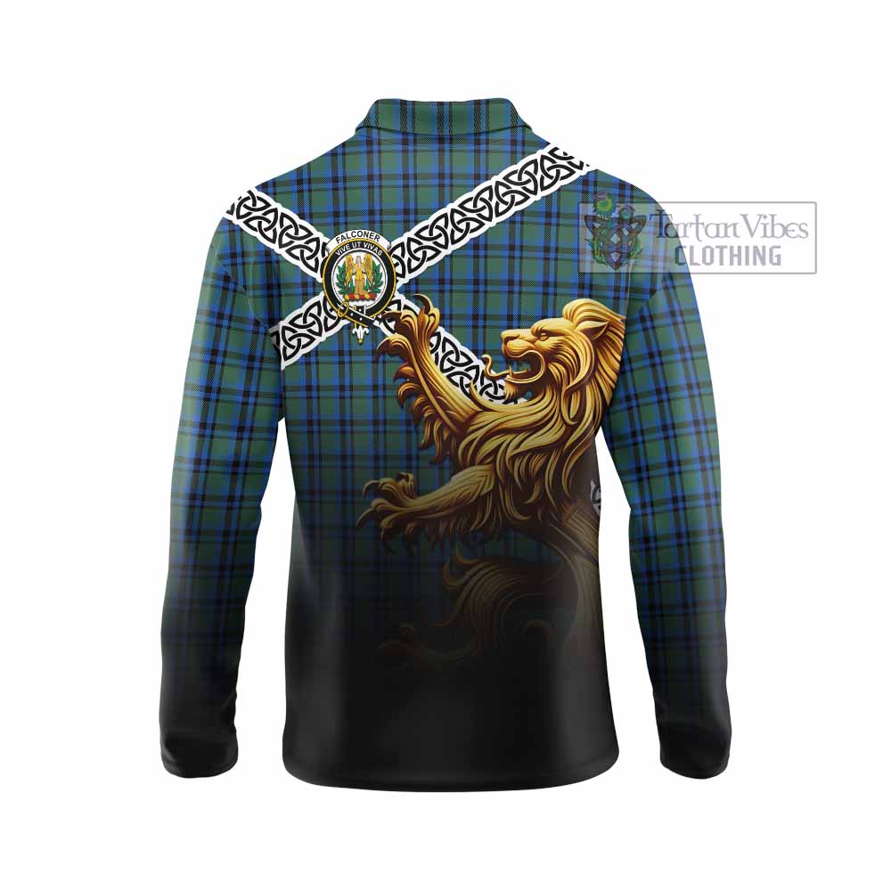 Falconer Crest Tartan Long Sleeve Polo Shirt with Golden Lion Emblem Celtic Style - Tartan Vibes Clothing