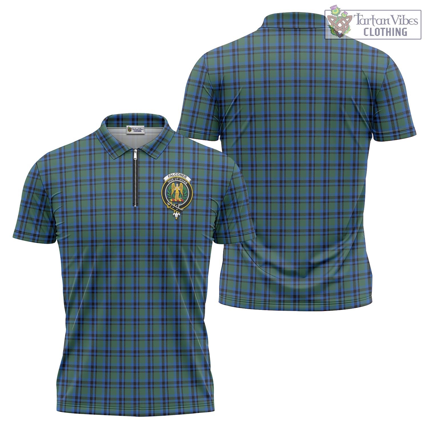 Falconer Tartan Zipper Polo Shirt with Family Crest - Tartan Vibes Clothing