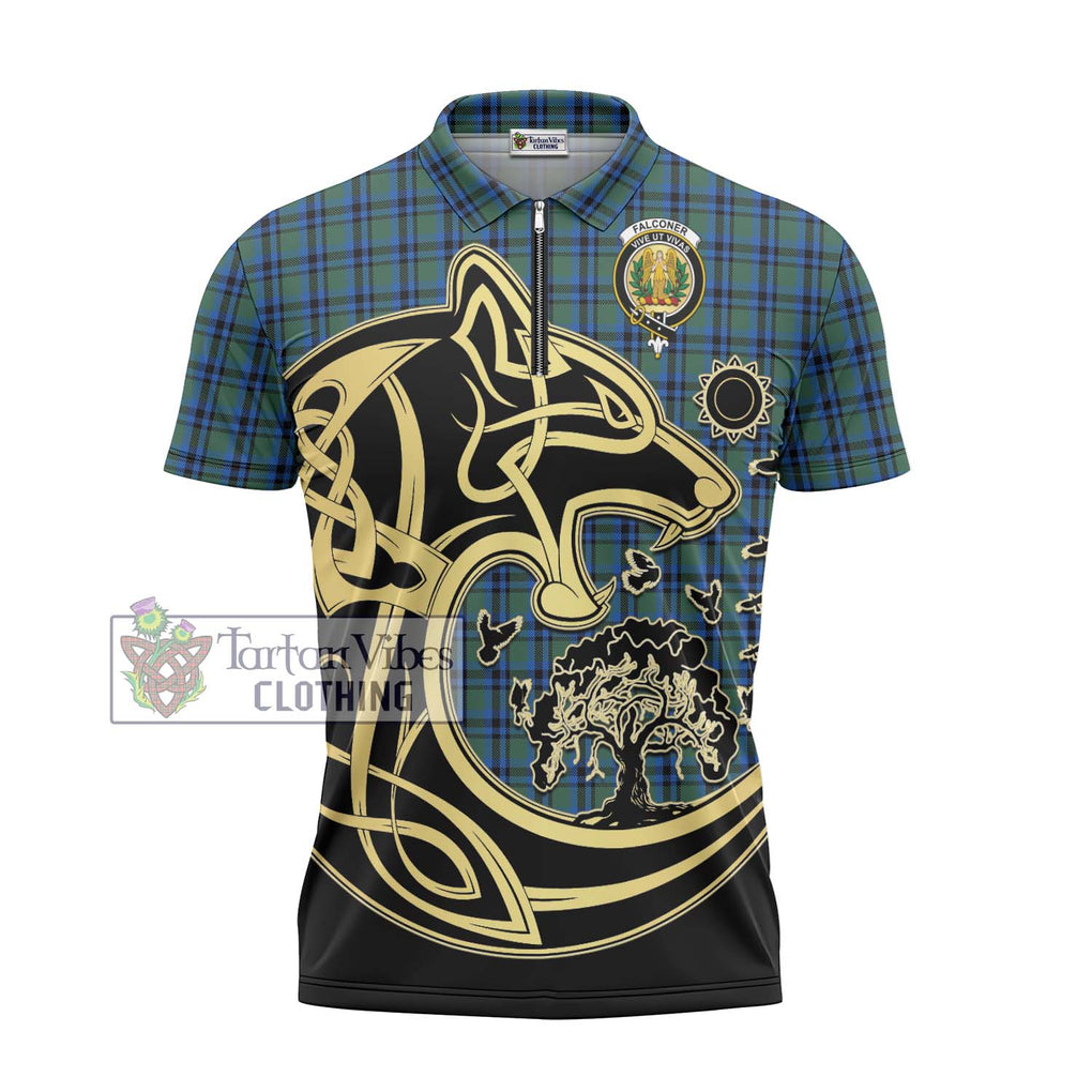 Falconer Tartan Zipper Polo Shirt with Family Crest Celtic Wolf Style - Tartan Vibes Clothing