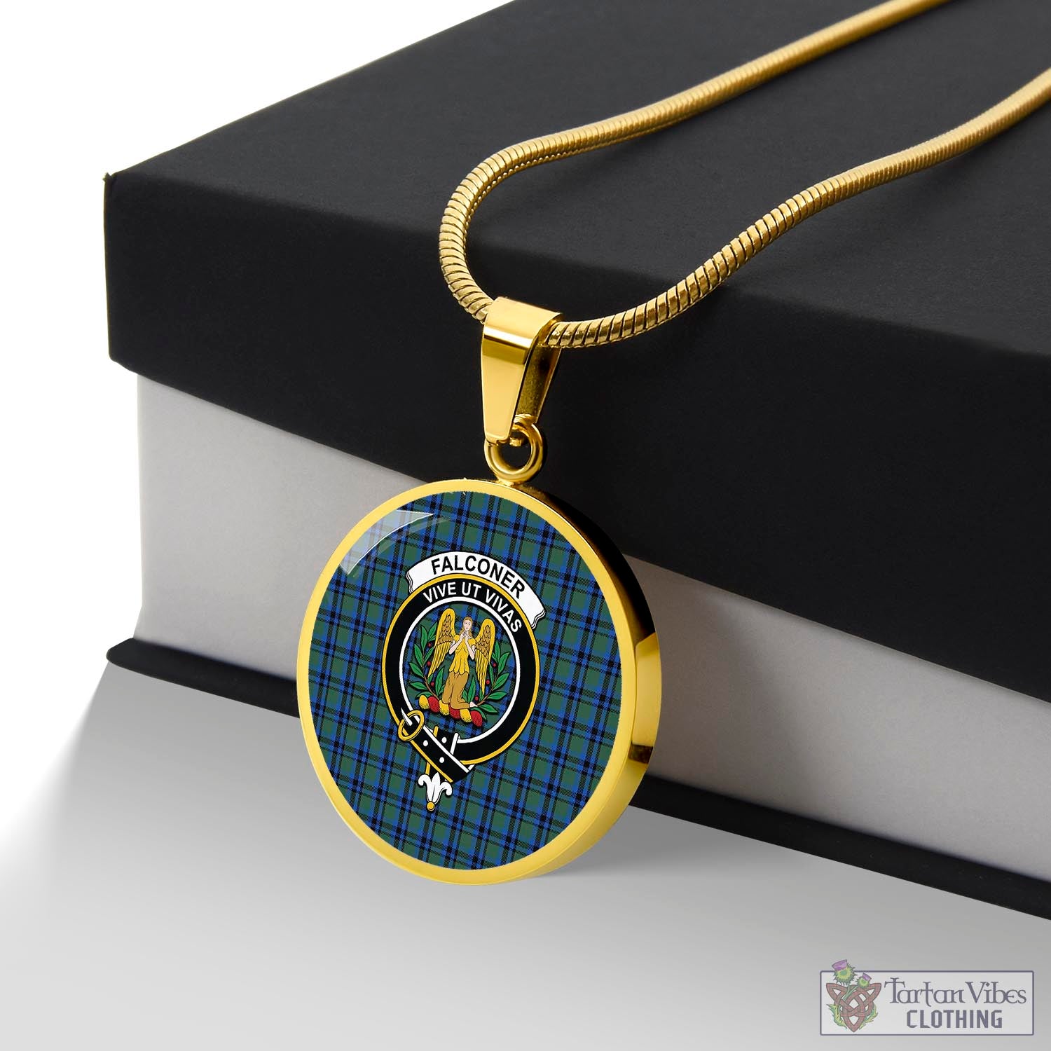 Falconer Tartan Circle Necklace with Family Crest Luxury Necklace (Gold) No - Tartan Vibes Clothing
