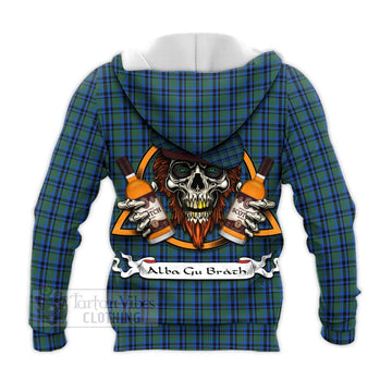 Falconer Tartan Knitted Hoodie with Family Crest and Bearded Skull Holding Bottles of Whiskey - Tartan Vibes Clothing