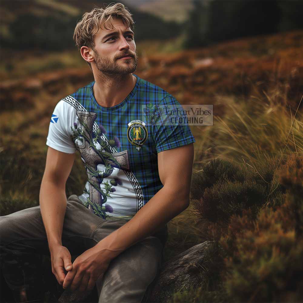 Tartan Vibes Clothing Falconer Agnew Tartan T-Shirt with Family Crest and St. Andrew's Cross Accented by Thistle Vines