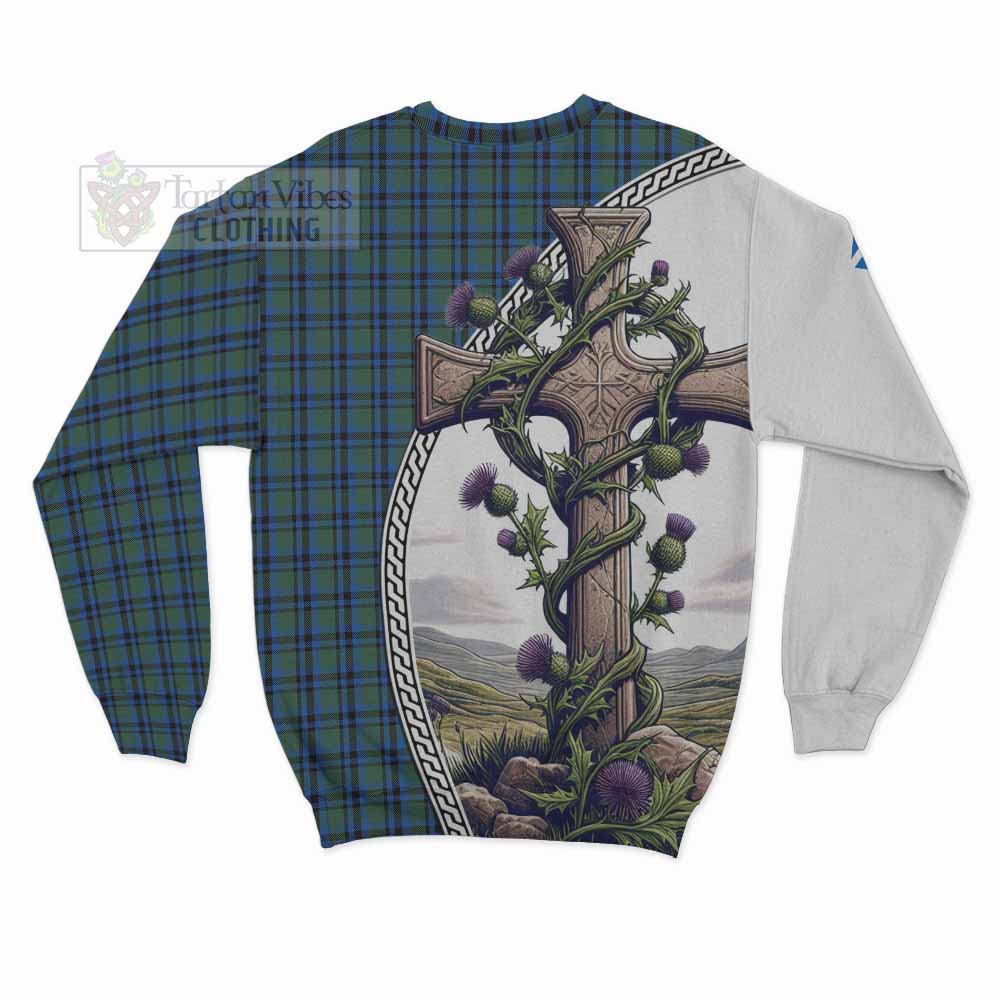 Falconer Tartan Sweatshirt with Family Crest and St. Andrew's Cross Accented by Thistle Vines - Tartan Vibes Clothing