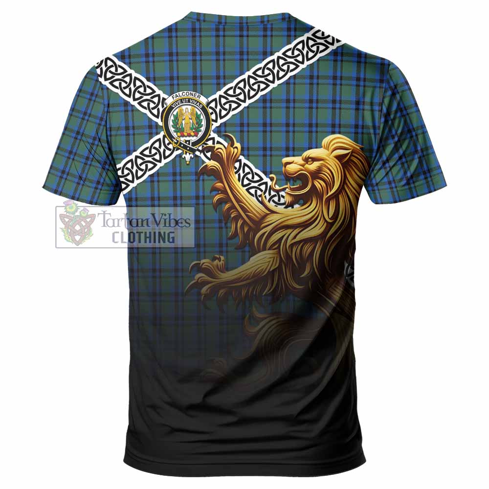 Falconer Crest Tartan T-Shirt with Golden Lion Emblem Celtic Style - Tartan Vibes Clothing