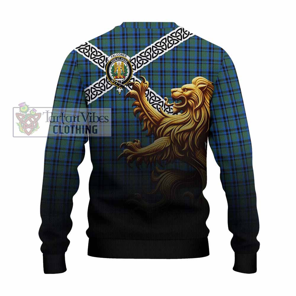 Falconer Crest Tartan Knitted Sweater with Golden Lion Emblem Celtic Style - Tartan Vibes Clothing