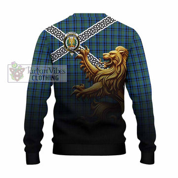 Falconer Crest Tartan Knitted Sweater with Golden Lion Emblem Celtic Style - Tartan Vibes Clothing