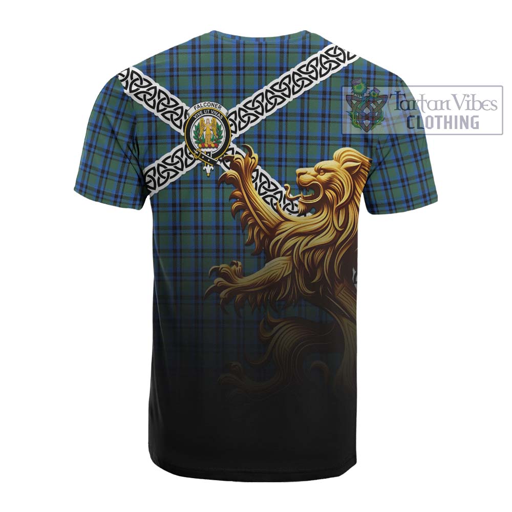Falconer Crest Tartan Cotton T-shirt with Golden Lion Emblem Celtic Style - Tartan Vibes Clothing