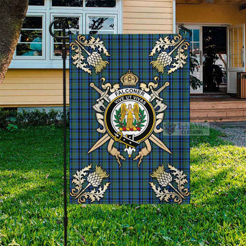 Falconer Tartan Garden Flag with Family Crest and Golden Thistle Crossed Sword Design Garden Flag - Tartan Vibes Clothing