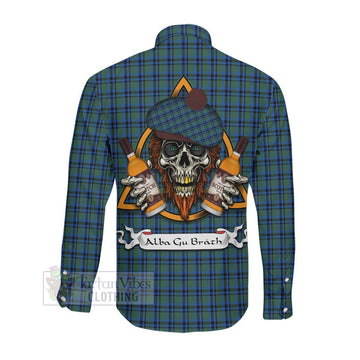 Falconer Tartan Long Sleeve Button Shirt with Family Crest and Bearded Skull Holding Bottles of Whiskey Men's Shirt - Tartan Vibes Clothing