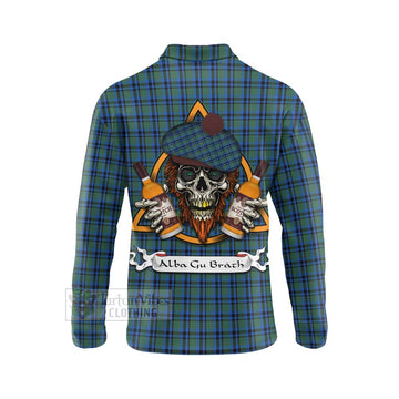 Falconer Tartan Long Sleeve Polo Shirt with Family Crest and Bearded Skull Holding Bottles of Whiskey - Tartan Vibes Clothing