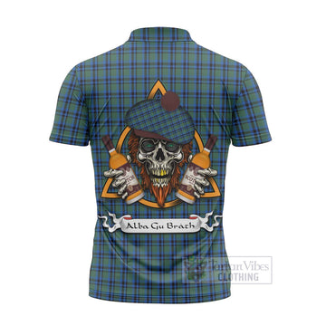 Falconer Tartan Zipper Polo Shirt with Family Crest and Bearded Skull Holding Bottles of Whiskey - Tartan Vibes Clothing
