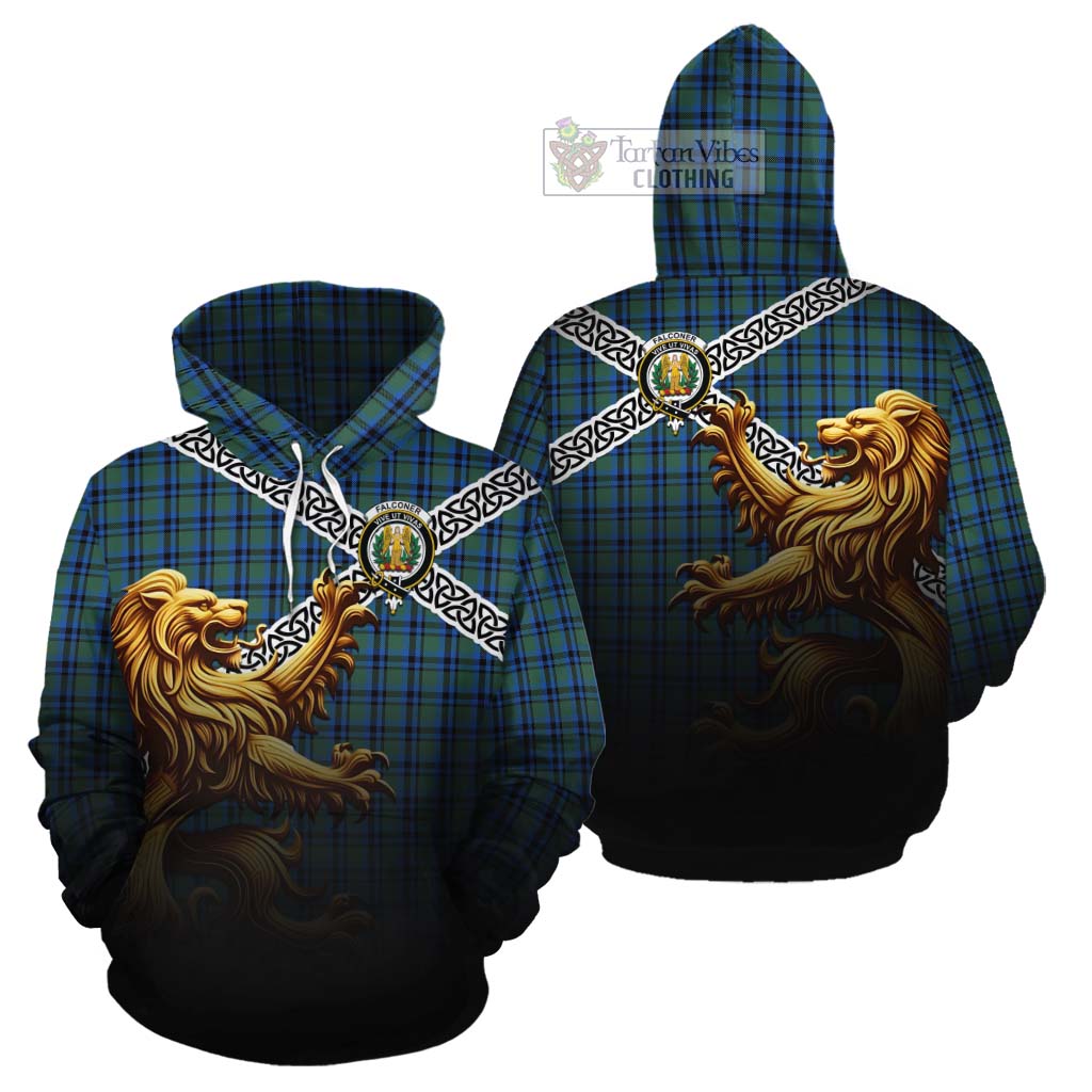 Falconer Crest Tartan Cotton Hoodie with Golden Lion Emblem Celtic Style - Tartan Vibes Clothing