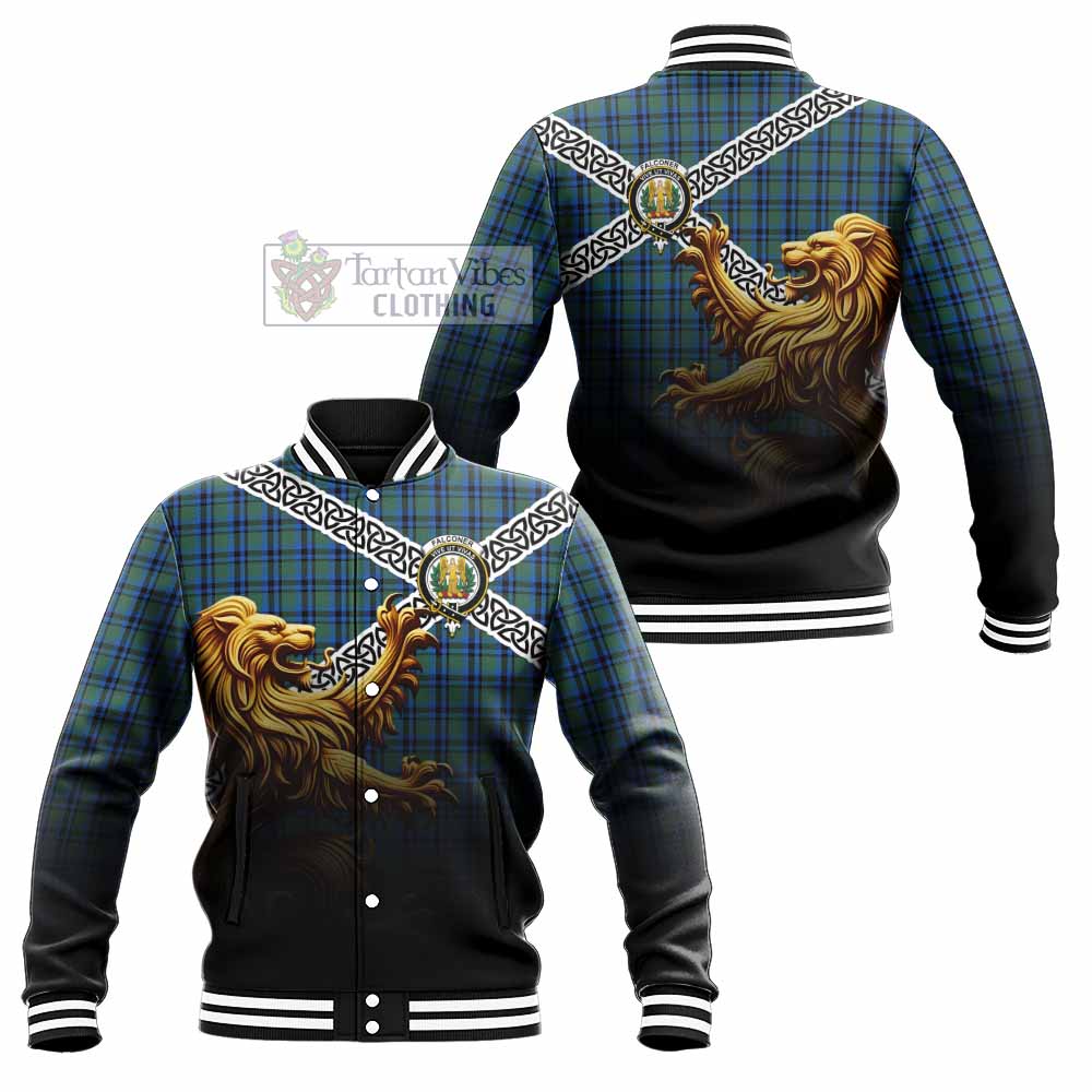 Falconer Crest Tartan Baseball Jacket with Golden Lion Emblem Celtic Style - Tartan Vibes Clothing