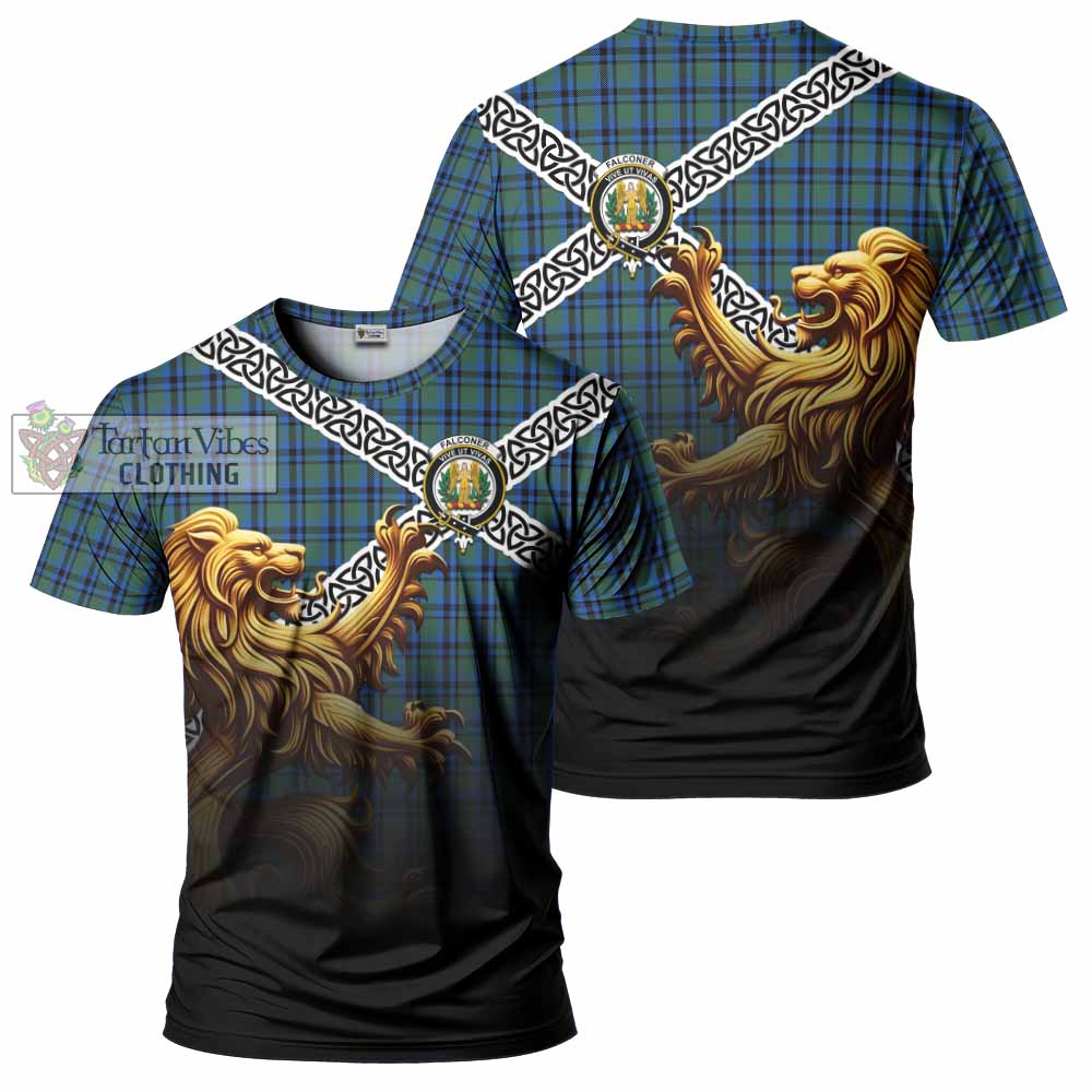 Falconer Crest Tartan T-Shirt with Golden Lion Emblem Celtic Style - Tartan Vibes Clothing