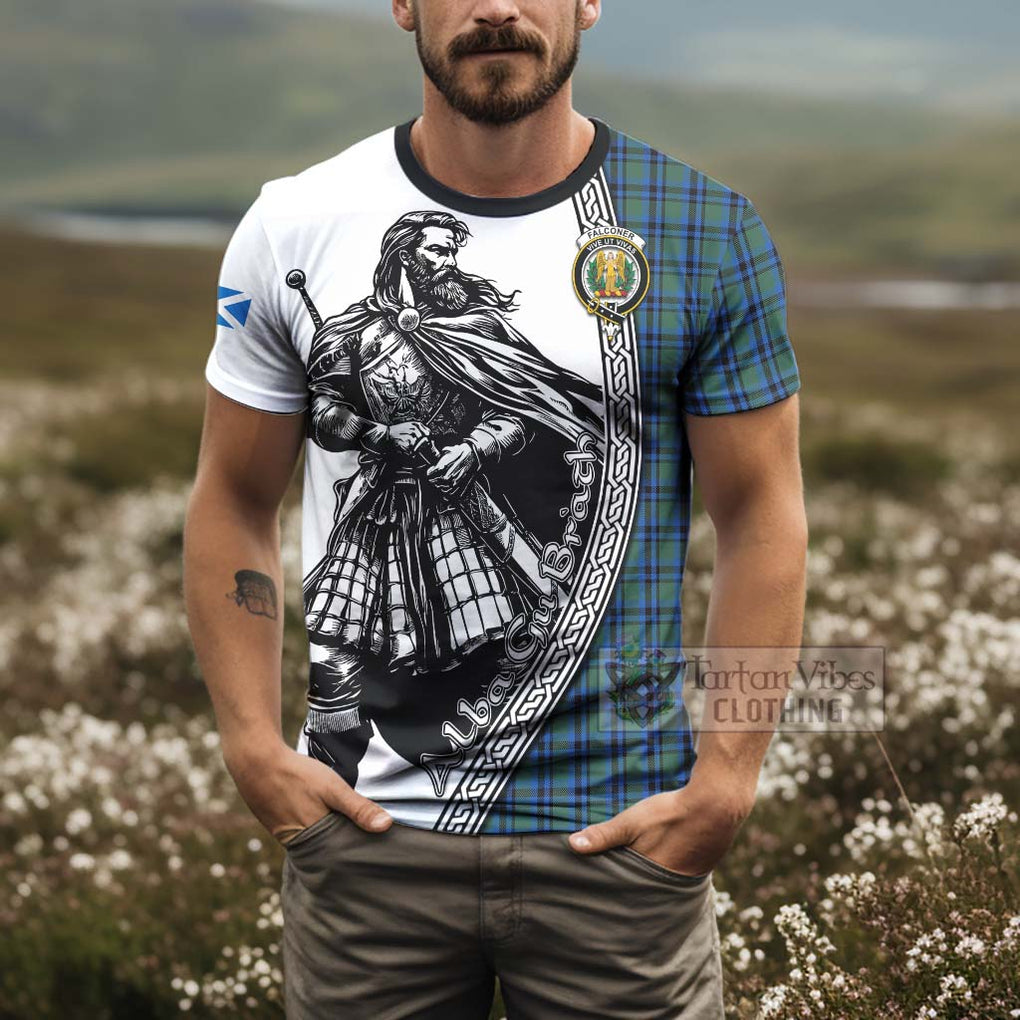 Falconer Tartan Clan Crest T-Shirt with Highlander Warrior Celtic Style - Tartan Vibes Clothing