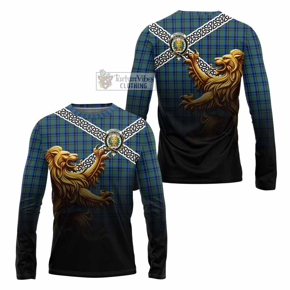 Falconer Crest Tartan Long Sleeve T-Shirt with Golden Lion Emblem Celtic Style - Tartan Vibes Clothing