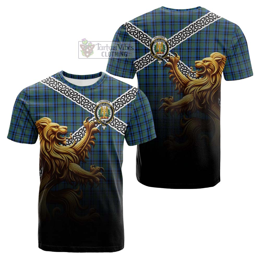 Falconer Crest Tartan Cotton T-shirt with Golden Lion Emblem Celtic Style - Tartan Vibes Clothing