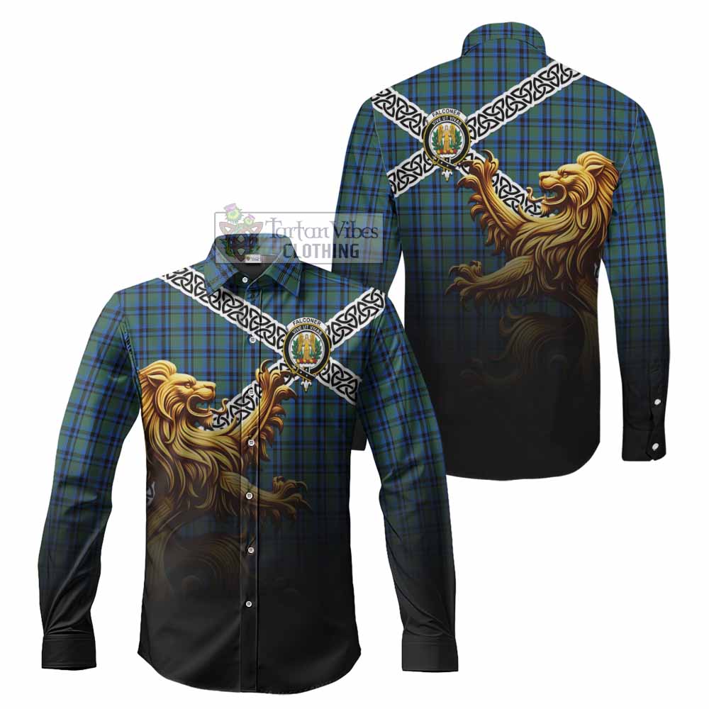 Falconer Crest Tartan Long Sleeve Button Shirt with Golden Lion Emblem Celtic Style - Tartan Vibes Clothing
