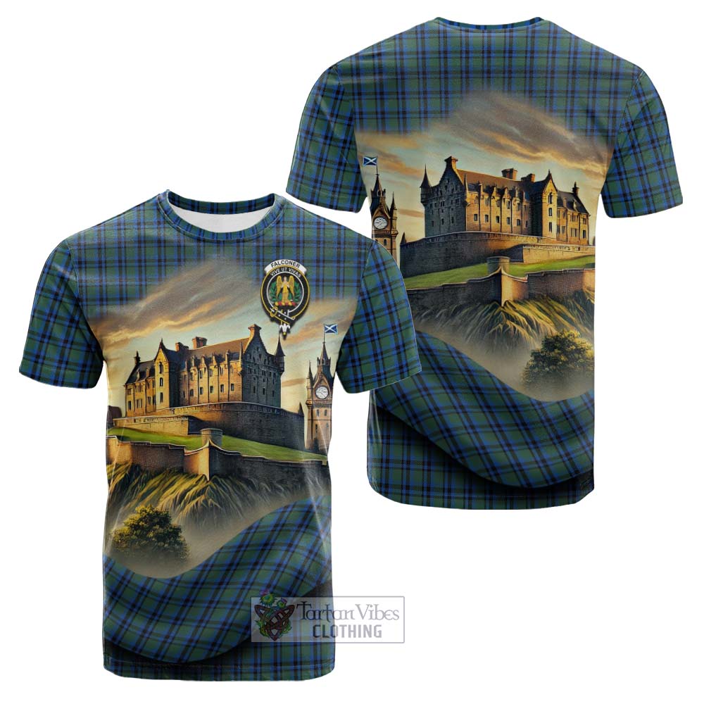Falconer Tartan Family Crest Cotton T-shirt with Scottish Ancient Castle Style - Tartan Vibes Clothing