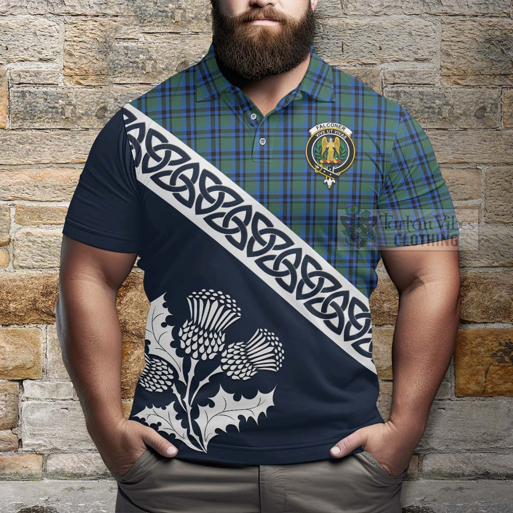 Falconer Tartan Polo Shirt Featuring Thistle and Scotland Map - Tartanvibesclothing Store