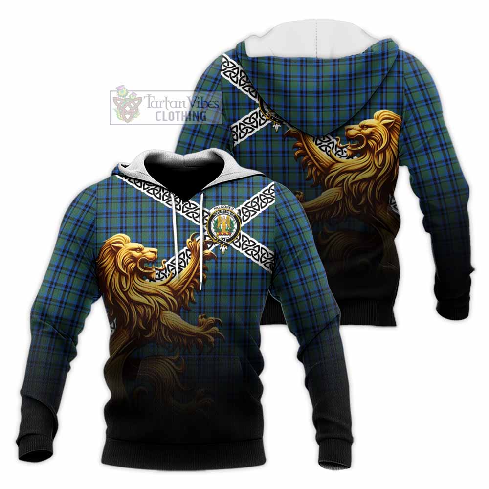 Falconer Crest Tartan Knitted Hoodie with Golden Lion Emblem Celtic Style - Tartan Vibes Clothing