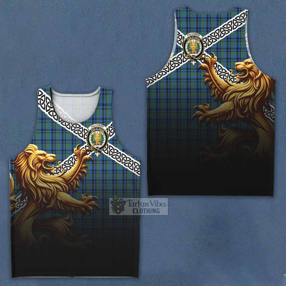 Falconer Crest Tartan Men's Tank Top with Golden Lion Emblem Celtic Style - Tartan Vibes Clothing
