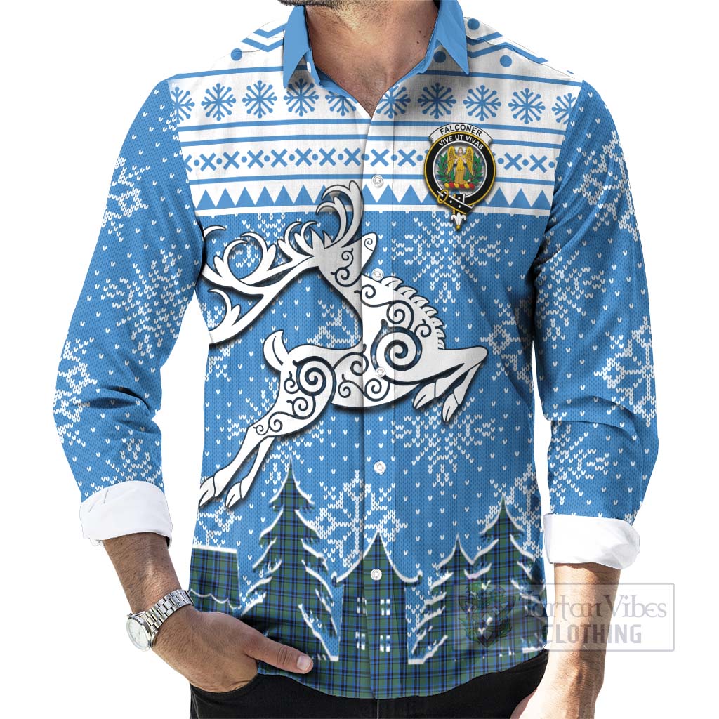 Falconer Clan Christmas Long Sleeve Button Shirt Celtic Reindeer Style - Tartan Vibes Clothing