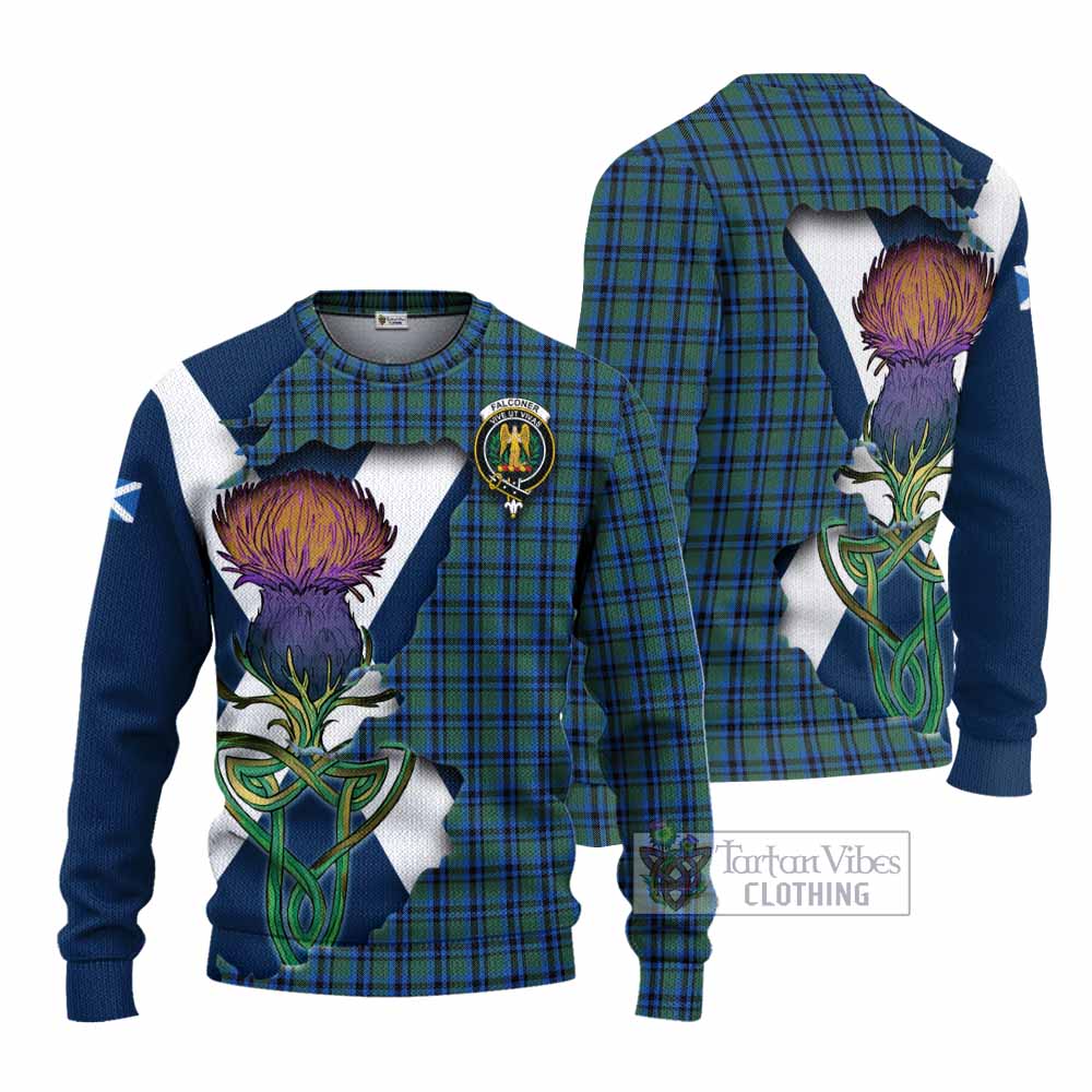 Tartan Vibes Clothing Falconer Tartan Family Crest Knitted Sweater Scottish Thistle Celtic Inspired