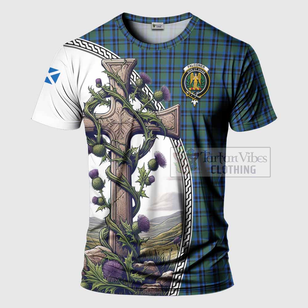 Tartan Vibes Clothing Falconer Agnew Tartan T-Shirt with Family Crest and St. Andrew's Cross Accented by Thistle Vines