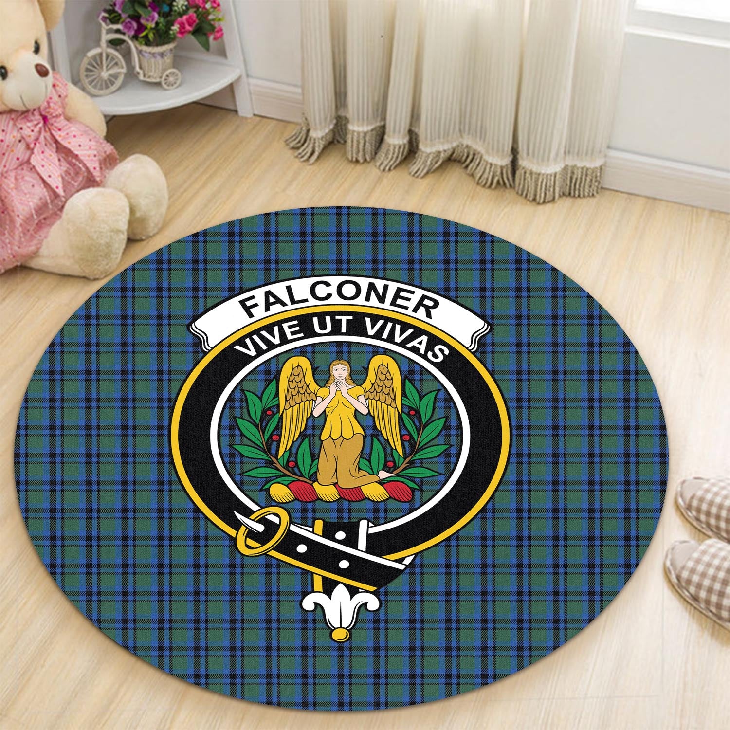 Falconer Tartan Round Rug with Family Crest - Tartan Vibes Clothing