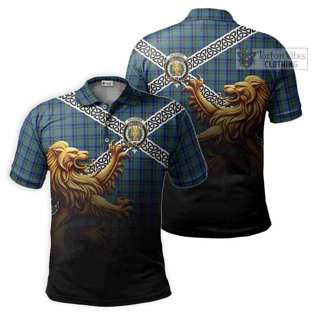 Falconer Crest Tartan Polo Shirt with Golden Lion Emblem Celtic Style - Tartan Vibes Clothing