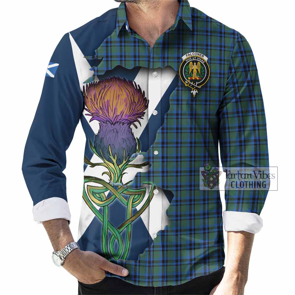 Tartan Vibes Clothing Falconer Tartan Family Crest Long Sleeve Button Shirt Scottish Thistle Celtic Inspired