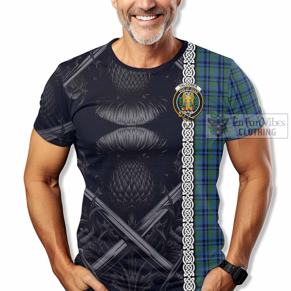 Falconer Tartan T-Shirt with Family Crest Cross Sword Thistle Celtic Vibes - Tartan Vibes Clothing